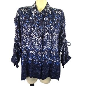 DKNY New Abstract Button Up Blouse Cinched Sleeves  Flowy Rayon Navy White Large